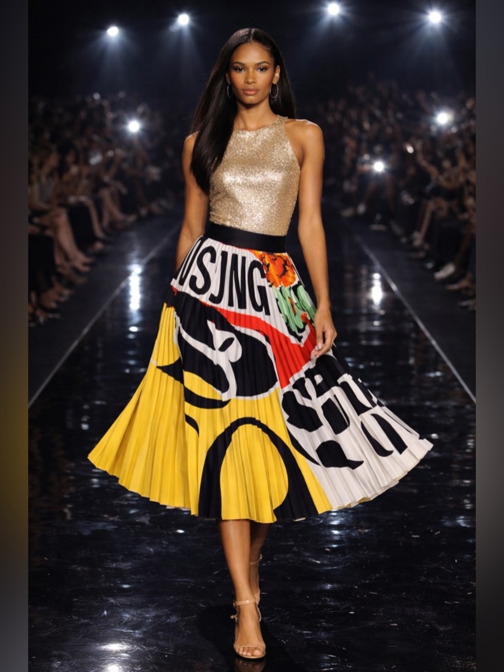 Pleated Graphic Midi Skirt in Yellow, Black & Multicolor